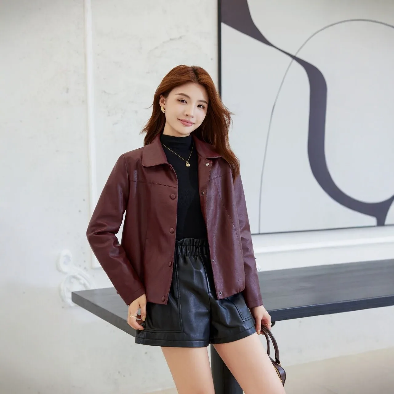 New Women's Faux Leather Jacket Lapel Collar Long Sleeve Stylish Slim Fit Comfortable Trendy Versatile Casual Daily Wear Jacket