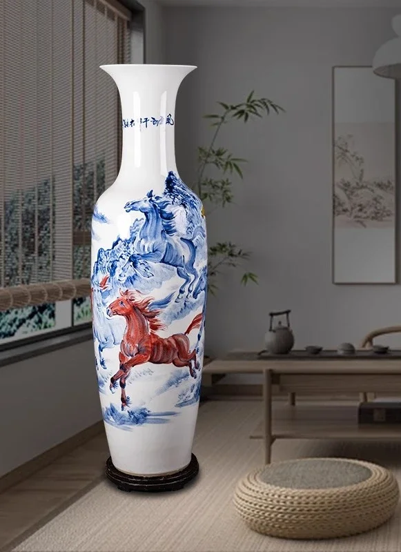 

Ceramic floor-to-ceiling large vase hand-painted blue and white eight horses porcelain ornament living room hotel opening gift