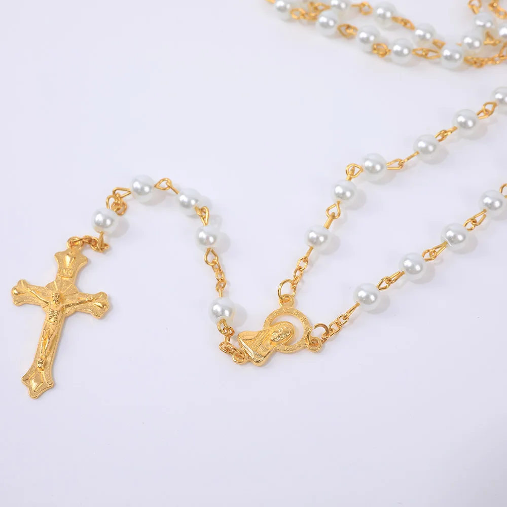 Religious Rosary Necklace For Women 6MM White Imitation Pearls Long Chain Crucifix Cross Pendant Prayer Party Jewelry Gift