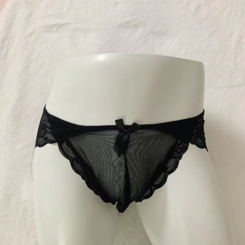 Men's Sexy Briefs Sissy Lingerie Ultra-Thin Lace Underwear Low Rise U Convex Panties Nude Seamless Large Size Underpants