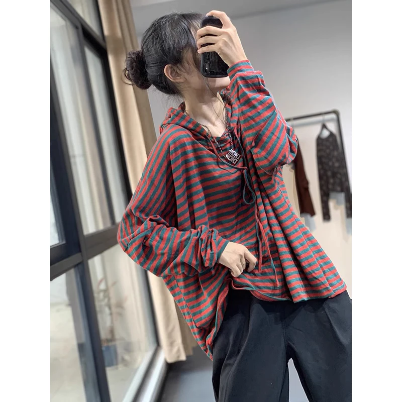 

Женская свободная повседневная хлопковая толстовка в полоску с капюшоном и шнурком, из чистого хлопка, осенняя модная модель