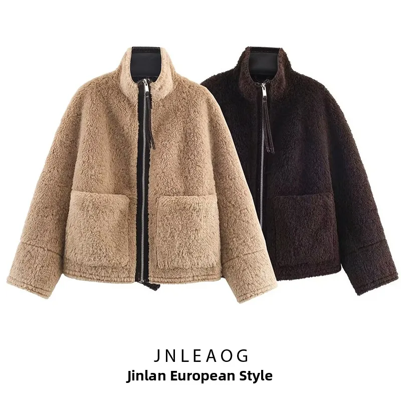 패셔너블하고 다재다능한 JNLEAOG 여성용 가을 신상 슬레 올매치 가죽 퍼 인티메이티드 자켓 폴리에스터 롱 슬리브 지퍼