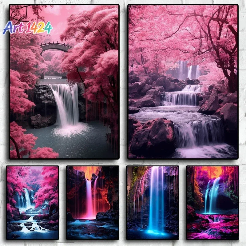 1pc frameless Natural Landscape Sakura Trees Waterfall Print Poster Cherry Blossom River Wall Art Picture Canvas Painting Liv