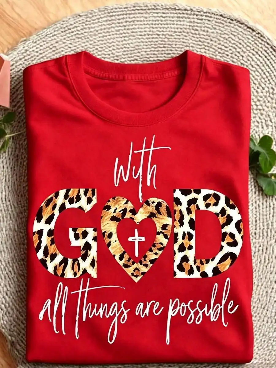 Christian Faith Message T Shirt Women Retro Leopard Heart Graphic Tee With God All Things Are Possible Tops Church Outfits 2026
