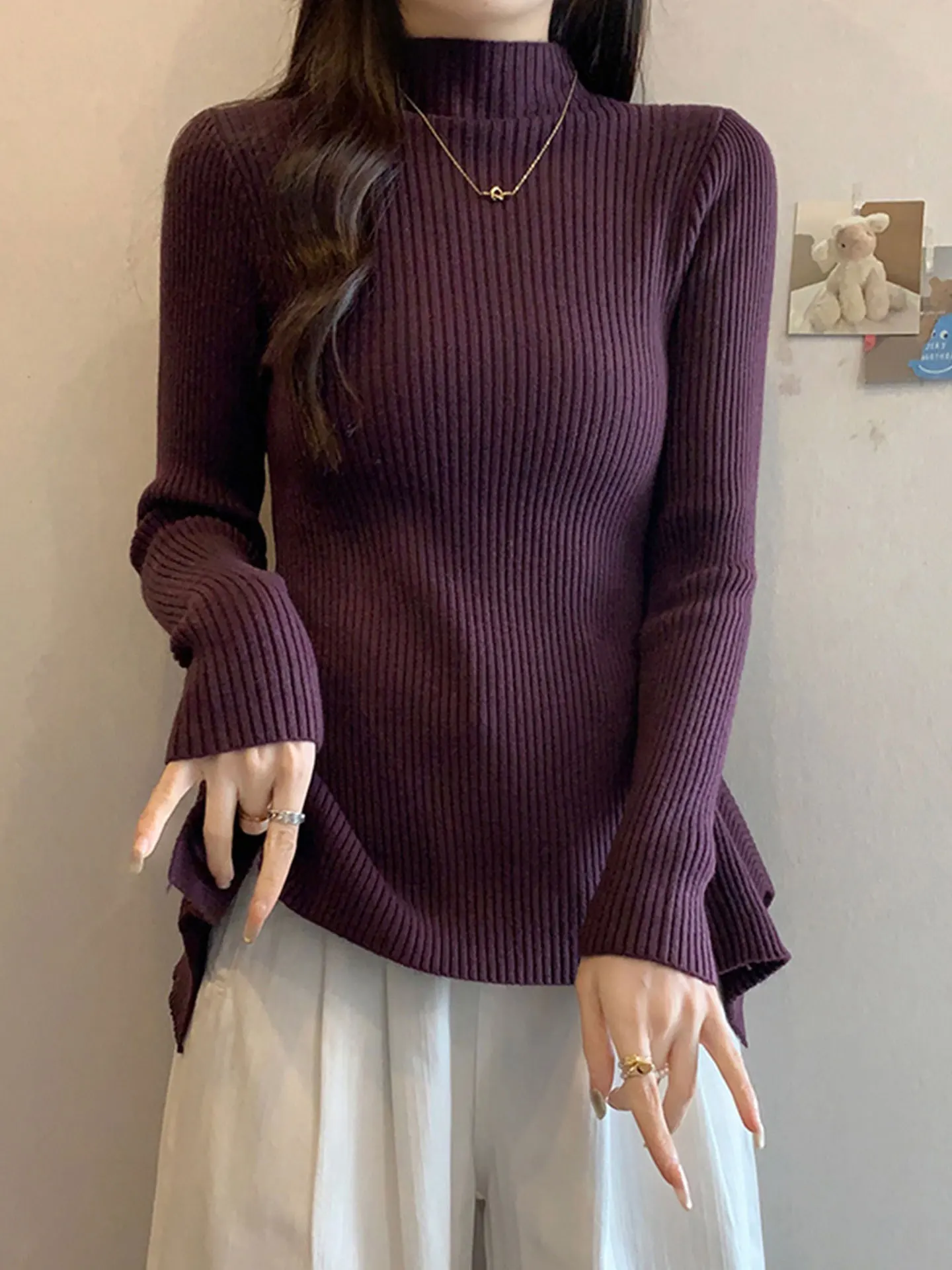 

Фиолетовый вязаный лонгслив для женщин, осенне-зимний, больших размеров, утягивающий, скрывающий живот, в корейском стиле, облегающий, мягкий, комфортный.