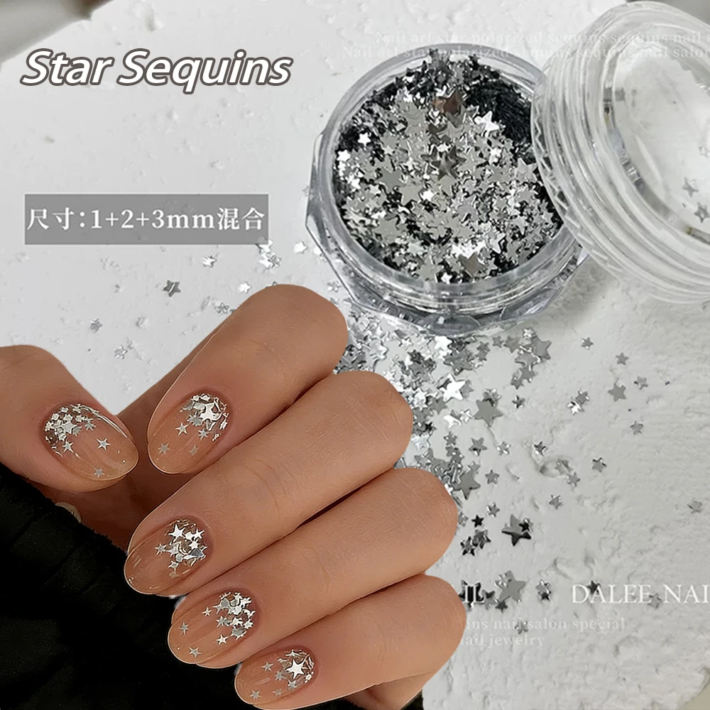 

1 Jar Metal Silver Five-Pointed Star Nail Art Sequins 1/2/3mm Mixed Glitter Sparkling Star Flakes Decals Nail Art Decorations