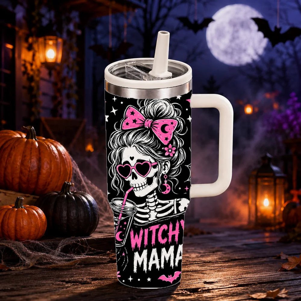 Halloween Mama Magic Vacuum Flasks 40oz Large Capacity Stainless Steel Tumbler with Handle Straw Lid Insulated Mug Cup