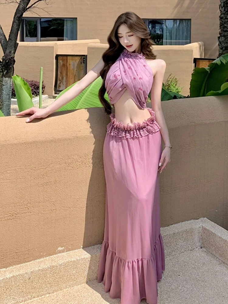 Elegant Sexy Bare Back Strap Top Short Halter Neck Summer Fashion Set with Ruffle Skirt Two Piece Set for Young Women