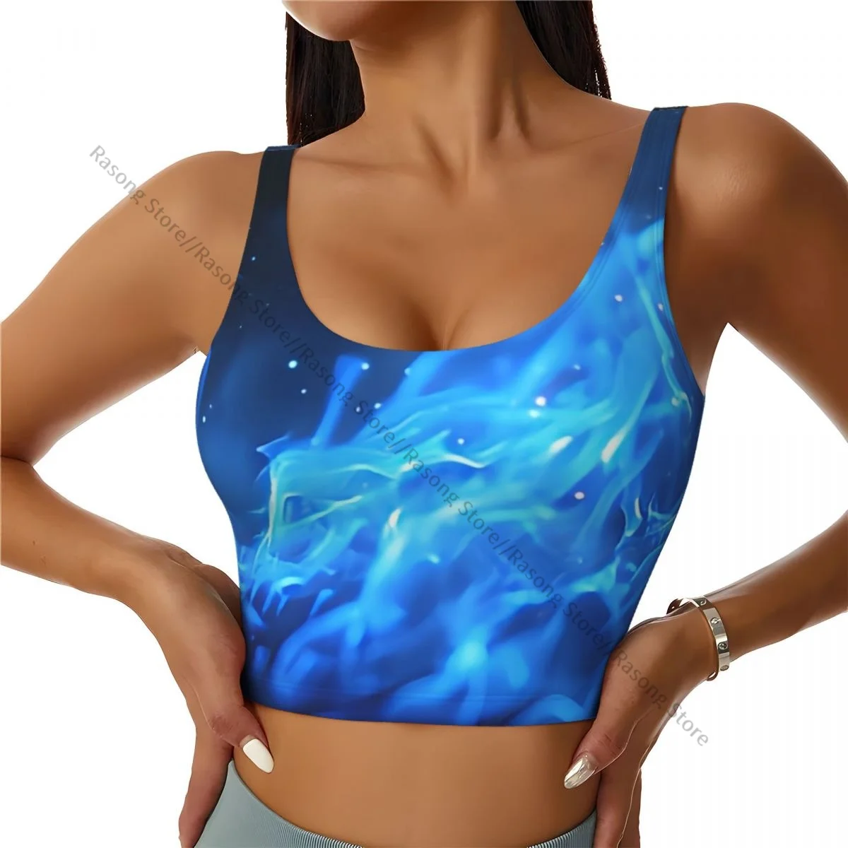 Yoga Vest Women Gym Sports Crop Tops Blue Fire Flames Streetwear Workout Breathable Tank Top Female