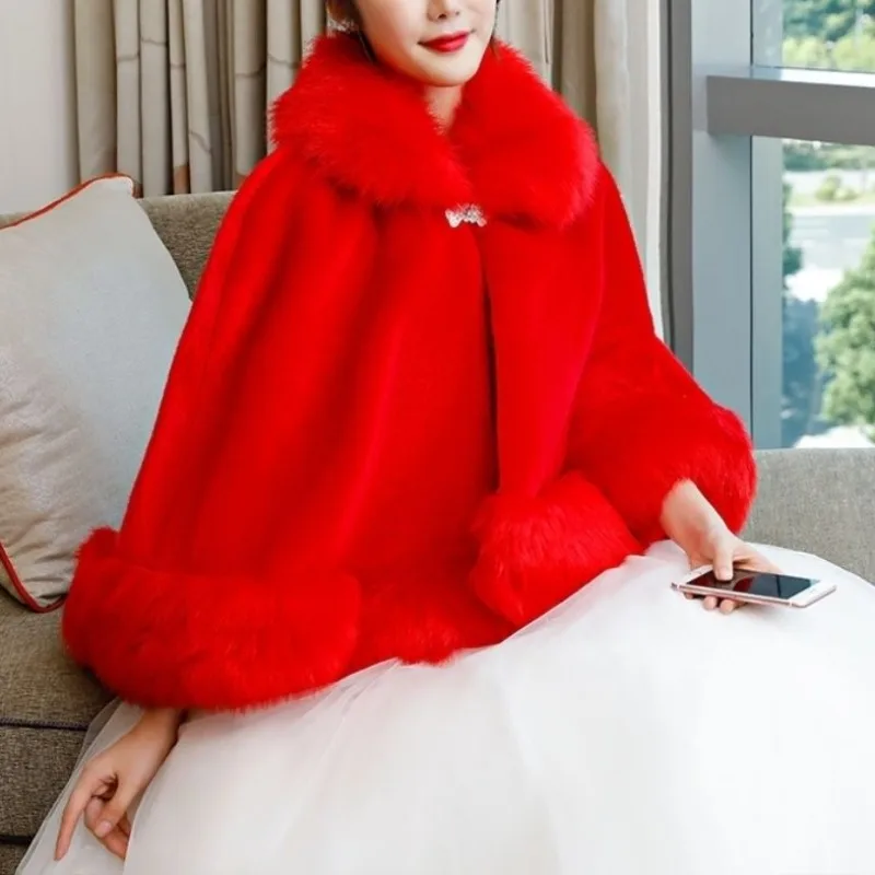 Customized Bride's Fur Shawl Wedding Cloak Thickened Women's Shawl Evening Dress Warm Coat Winter Wedding Jackets Wrap