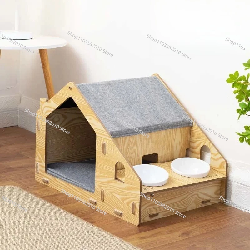 Semi-Closed Cat Bed with Built-in Food Bowl, All Season Pet House Villa, Indoor Dog Kennel Cat Nest for Summer Cooling