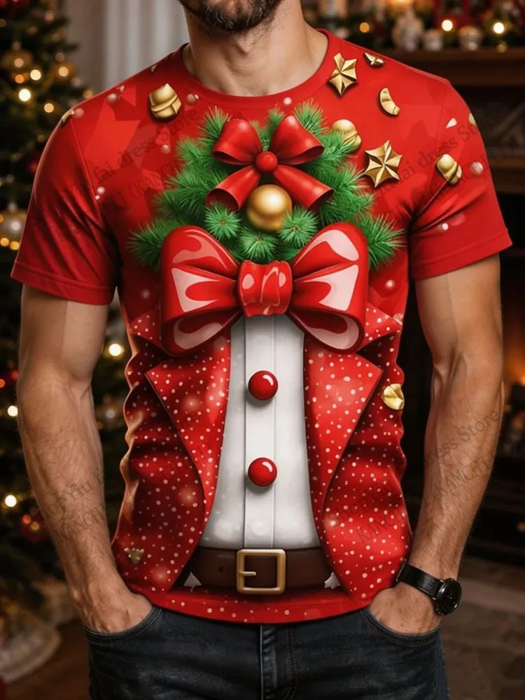 Funny Christmas Tree Fake Suit 3D Print T-shirt Men Women Fashion Short Sleeve Xmas Tops Tees Mens Clothing Reindeer Elk Apparel