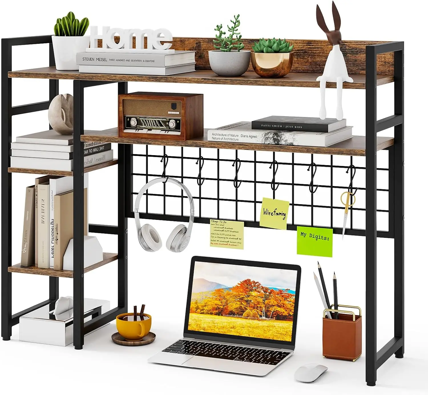 4-Tier Desktop Bookshelf with Anti-Falling Guardrails and 2 Anti-Tipping Kits, 37 Inch Industrial Desk Hutch for Home Office or Dorm, Metal Frame Open Shelf Organizer