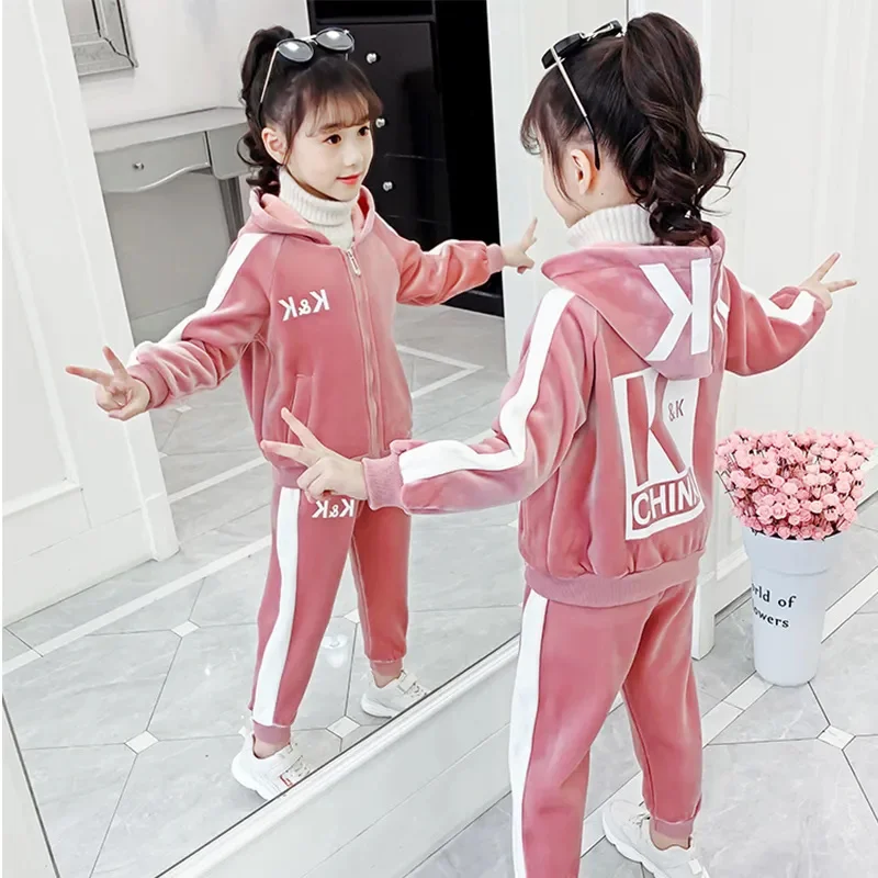 

Kids Hoodies Girl Outfits Spring Autumn Casual Baby Long Sleeves Velvet 3-12Y Tops+Pants Children Teenage Outwear