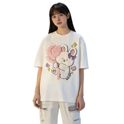 Harajuku Korean T-shirt Women Cute Flocking Rabbit Fashion Short-sleeved O-neck Solid Color Summer Daily Loose Cotton T-Shirts