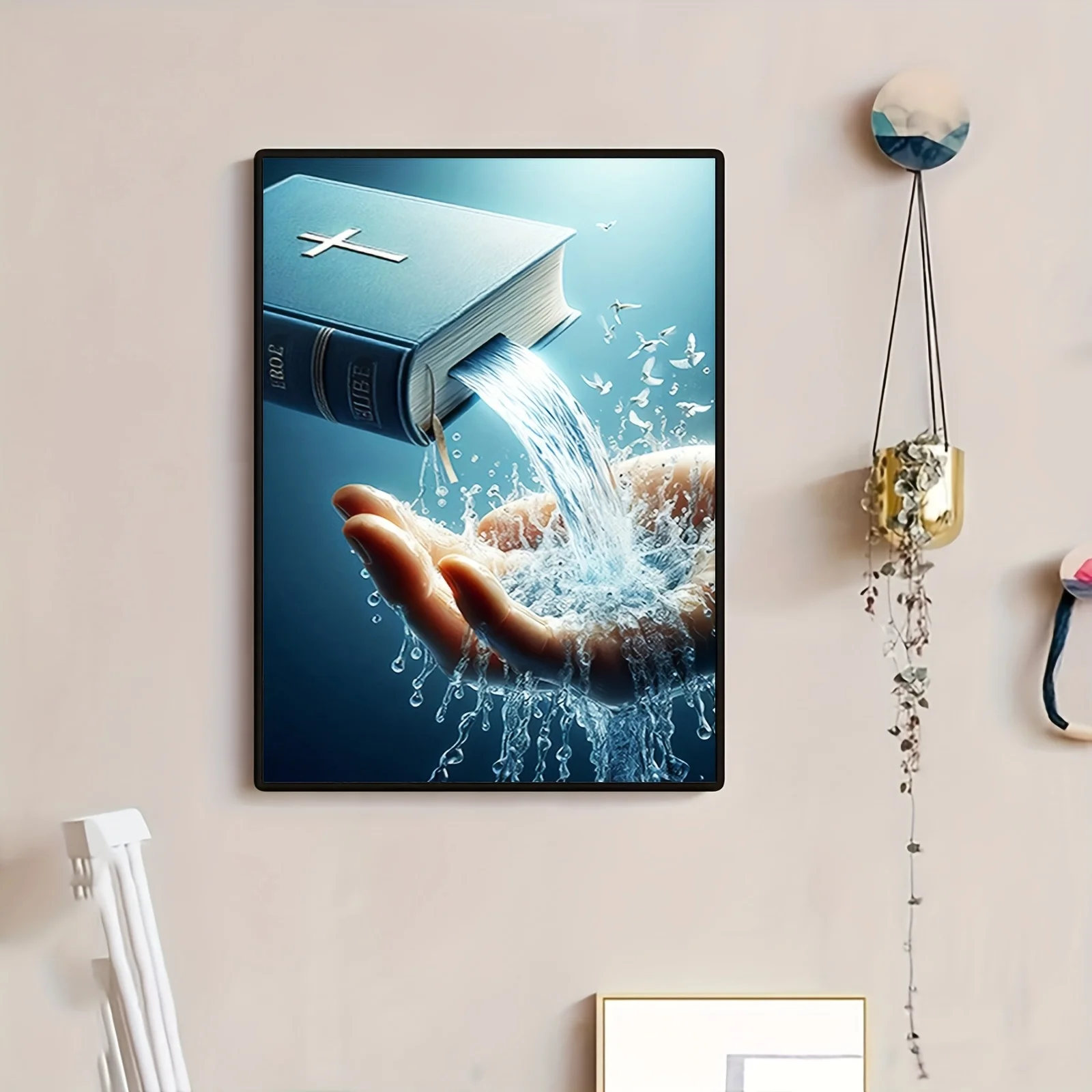 1pc frameless Canvas Painting Inspirational Holy Bible Canvas Wall Art-Frameless Christian Water and Book Poster,Ideal for Bedro