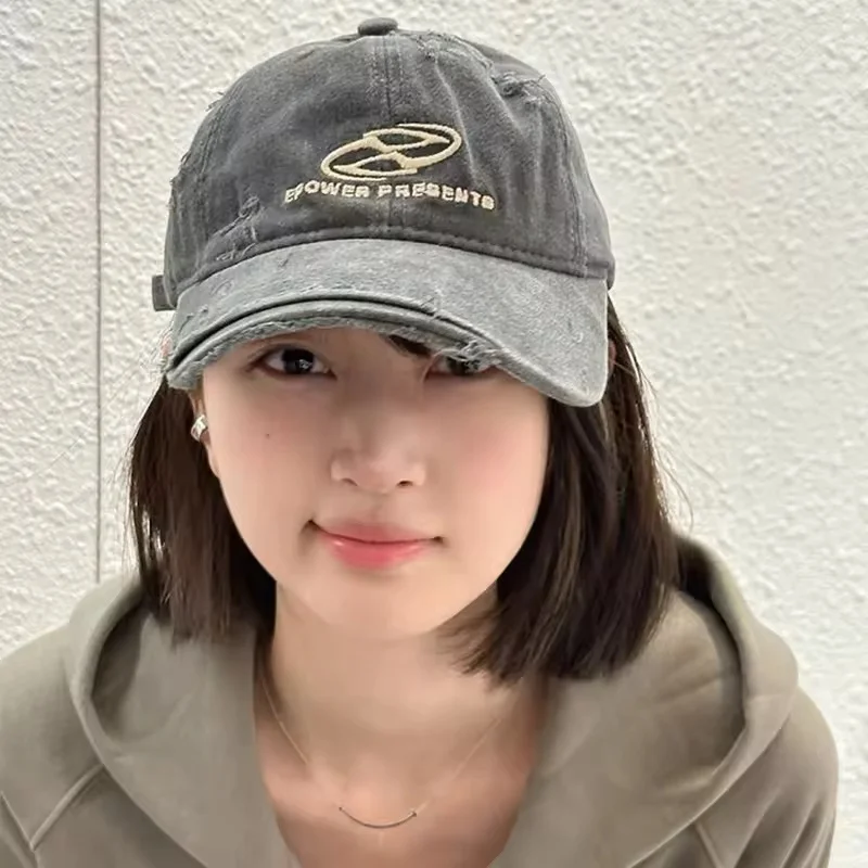 American Retro Washed Distressed Women's Baseball Cap Face Slimming Japanese Style Summer Sun Protection Hat with Letter Design