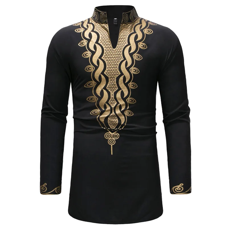 Camisa de longitud media para hombre, ropa musulmana, cuello de pie, estampado dorado, Oriente Medio, Dubai, Arabia Saudita, Islam, negro