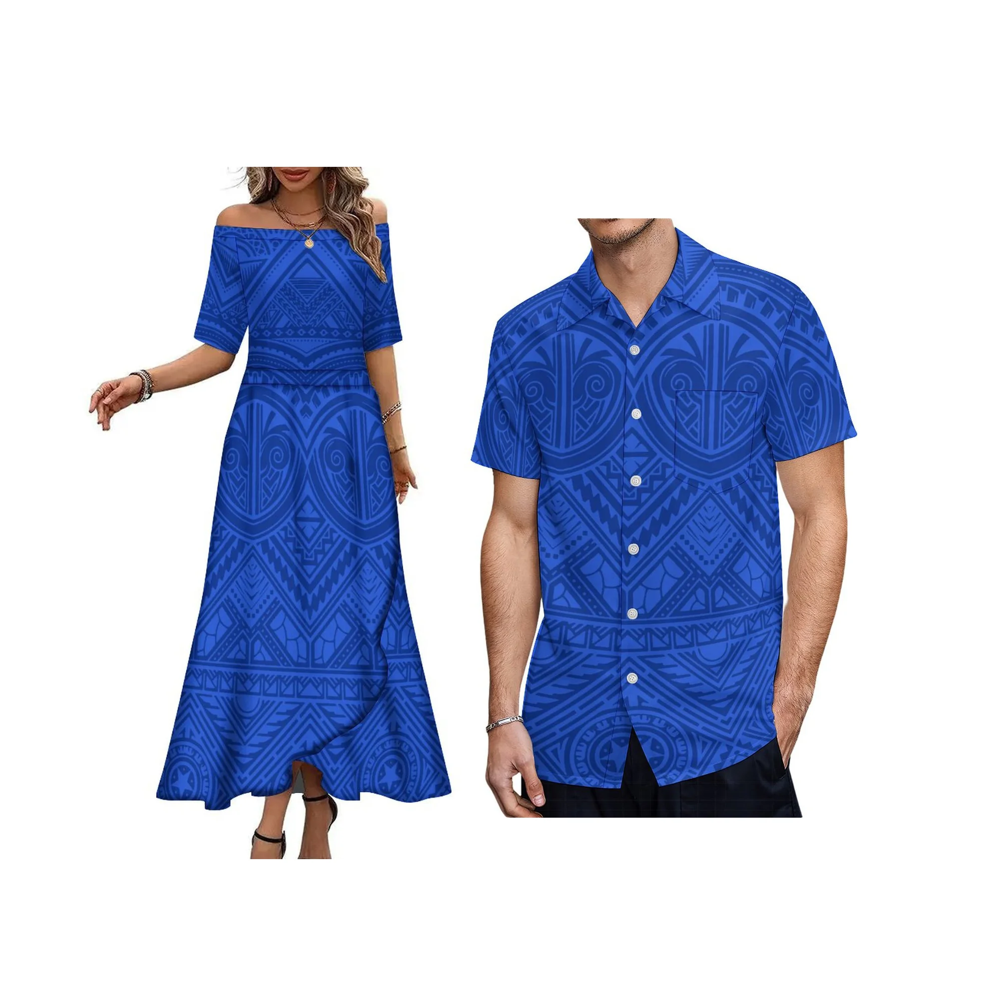 Hoge kwaliteit groothandel op maat Hawaii printontwerp off-shoulder damesjurk Samoaanse casual eilandjurk met halve mouwen