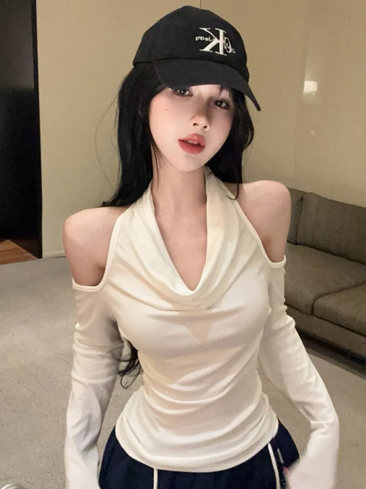 

Slim Fit Long Sleeve One Shoulder T-Shirt Women's Spring Summer New Vintage Design Backless Top Korean Style Hot Girl Fashion