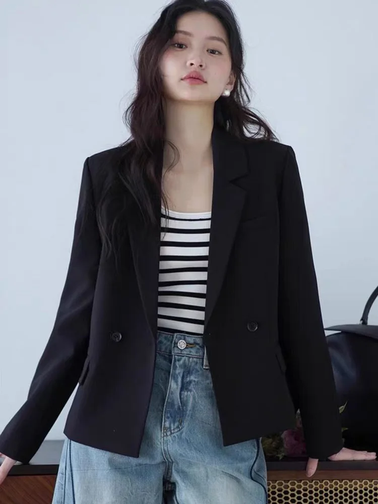 Elegancka, dopasowana marynarka damska w stylu vintage, koreańska, z długim rękawem, casualowy żakiet, retro, gładka, prosta, zapinana na podwójne guziki, do biura.