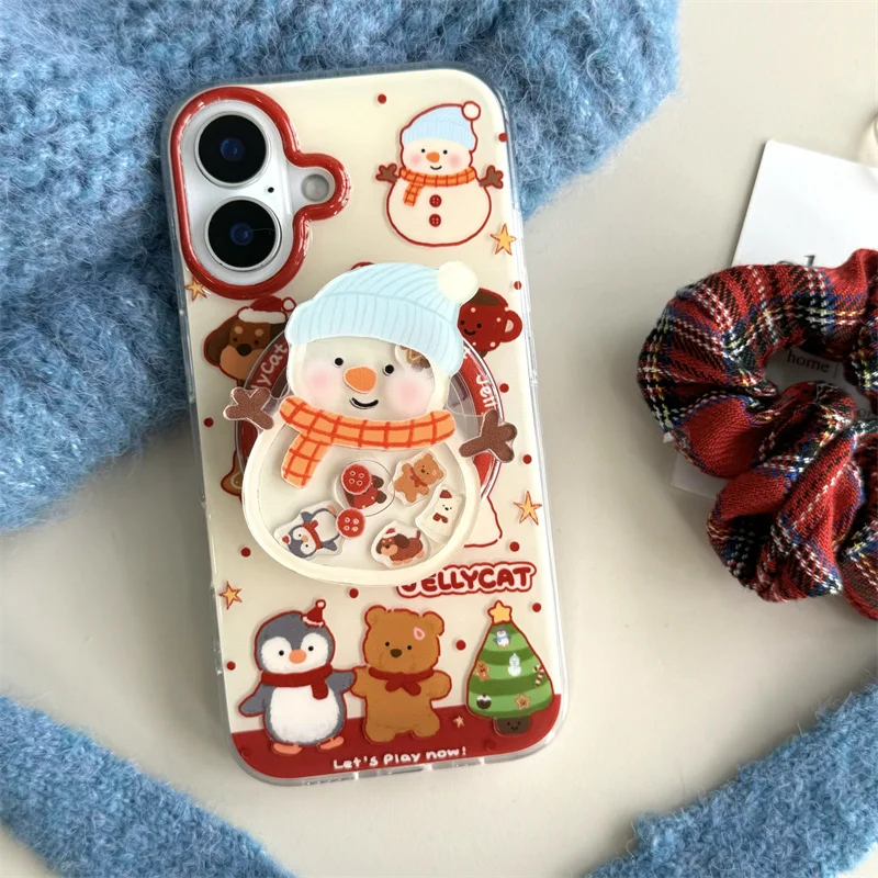 Linda bufanda navideña muñeco de nieve oso Magsafe funda de carga inalámbrica para iPhone 13 14 15 16 Pro Max sombrero de muñeco de nieve agitar soporte magnético