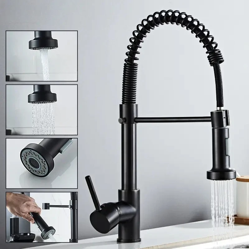 

Kitchen Sink Faucet Single Handle Spring Hot and Cold Water Tap Deck Mounted Bathroom Matte Black Washbasin Sink Faucet