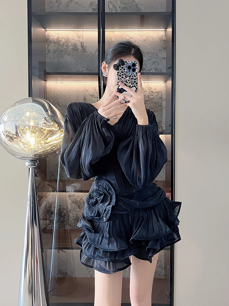 Luz de luxo cetim magro vestido de baile vestidos primavera feminino mangas compridas com decote em v vestido em camadas novo verão cintura alta zíper mini vestido