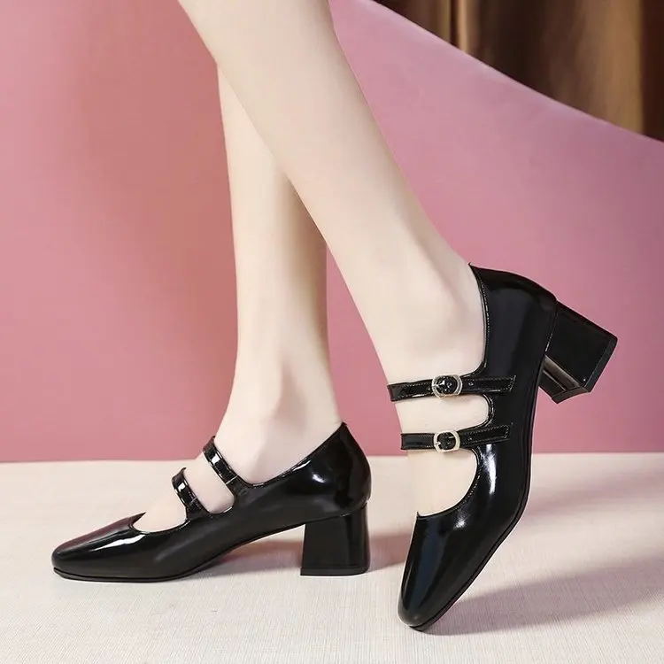 Fall 2024 New Chunky Single Shoes Square Head Shallow Mouth One Line Buckle Mary Jane Fashion High Heels