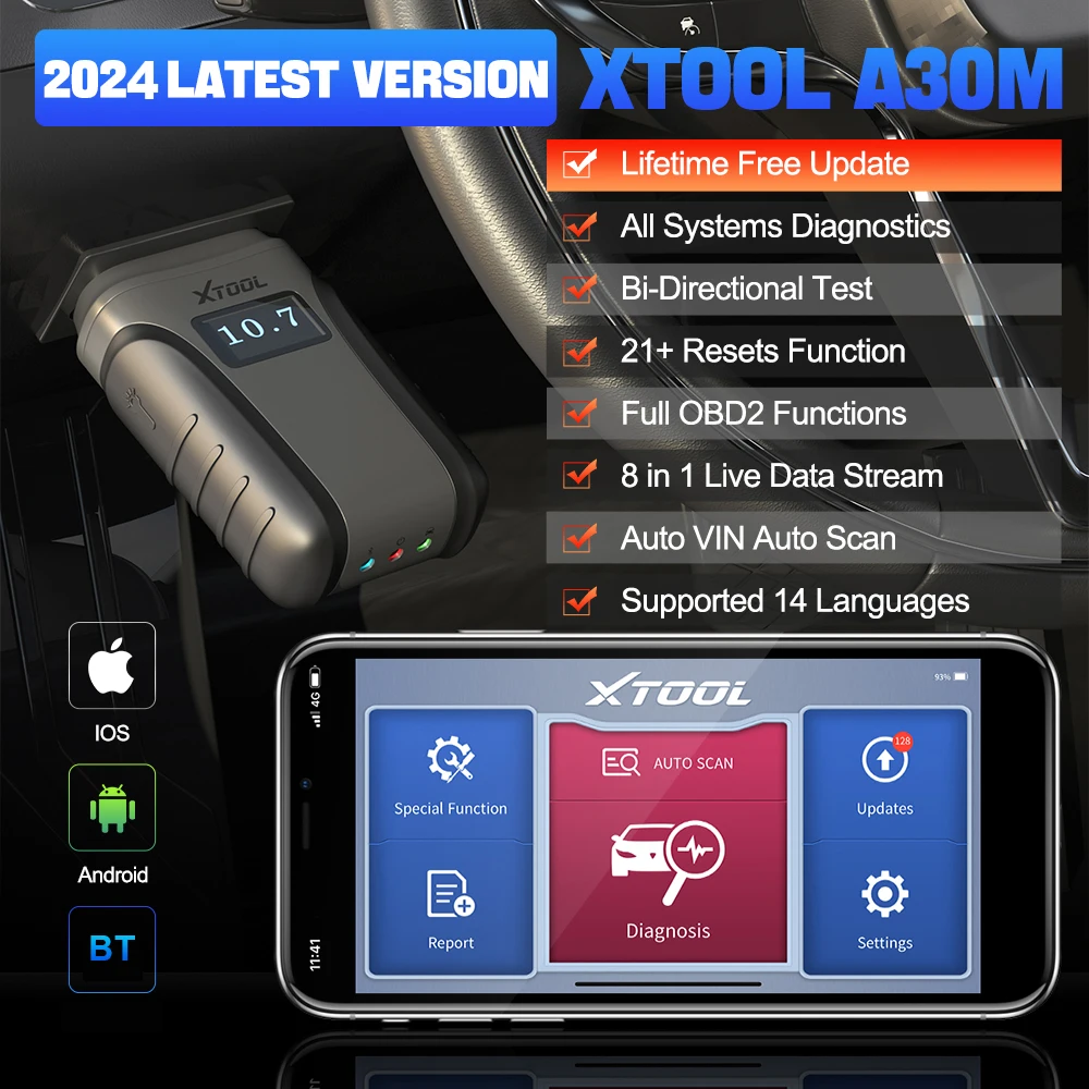 XTOOL A30M OBD2 Diagnostic Machine for All Cars 21+Resets OBD2 Code Reader Live Data Bi-Directional Car Scanner Diagnostic Tools