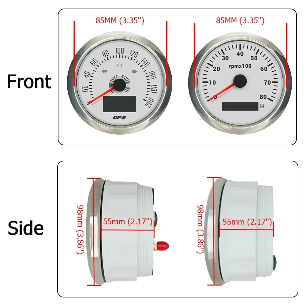 Yacht Motorcycle Universal 85mm GPS Speedometer 0-160MPH 0-200km/h + 0-8000RPM Tachometer with 7 Colors Backlight 12V 24V