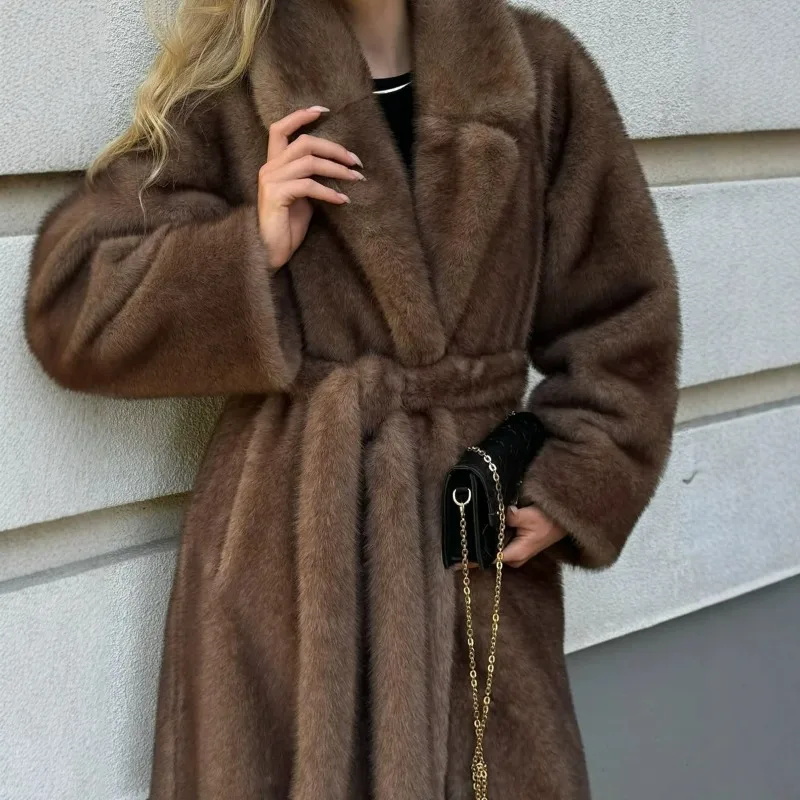 Women's Faux Mink Fur Eco-friendly Fur Coat with Extended Waistband Synthetic Fur Coat Thick Fashionable Warm Women's Clothing