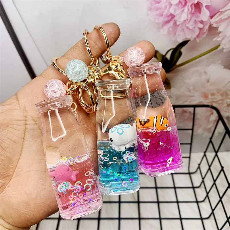 milk bottle floating ocean doll keychain cute cartoon  into oil pendant