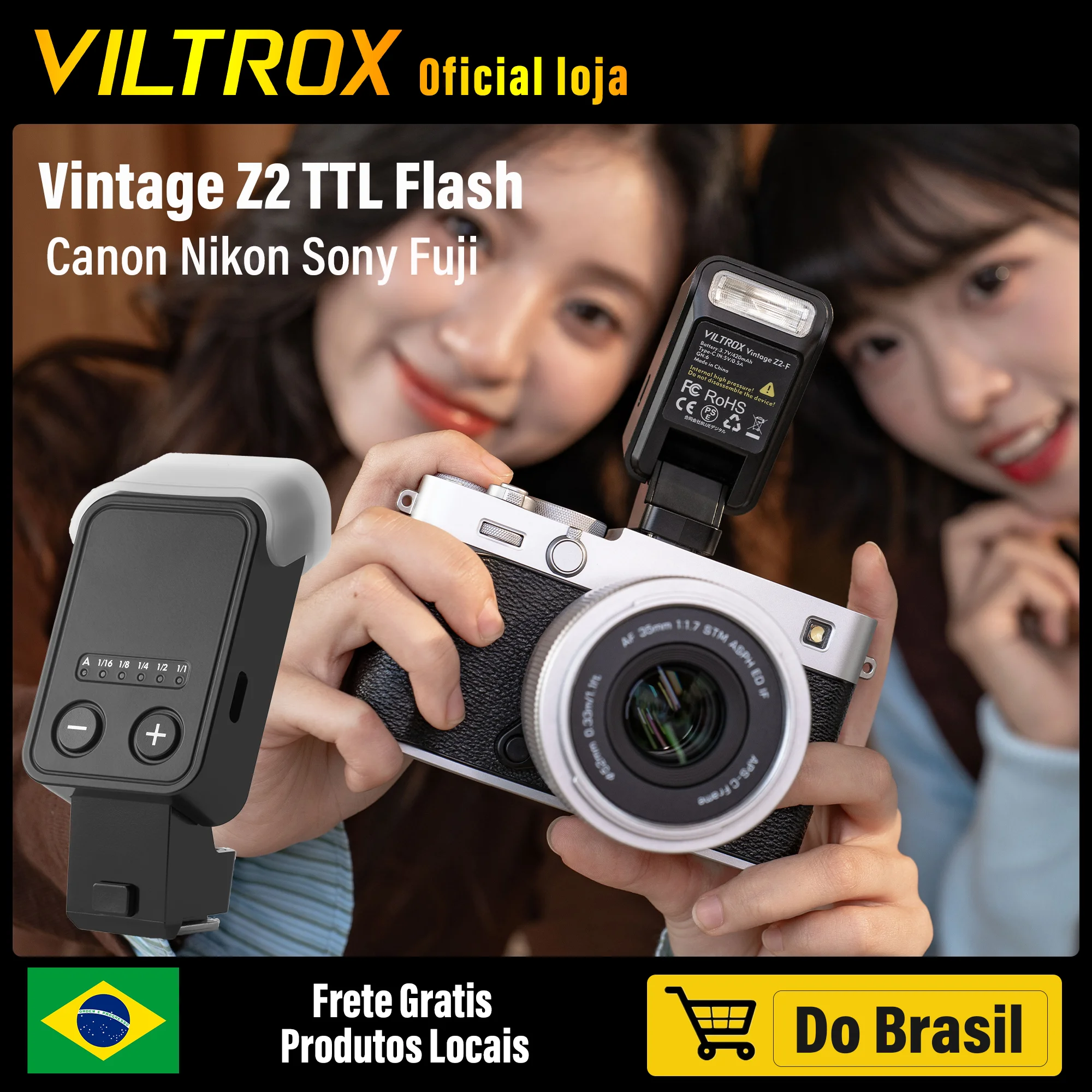 Flash TTL Viltrox Z2 Mini para Câmera, Design Dobrável, Luz LED de Preenchimento, Disparador de Flash para Vlog e Transmissão ao Vivo para Canon Nikon Sony