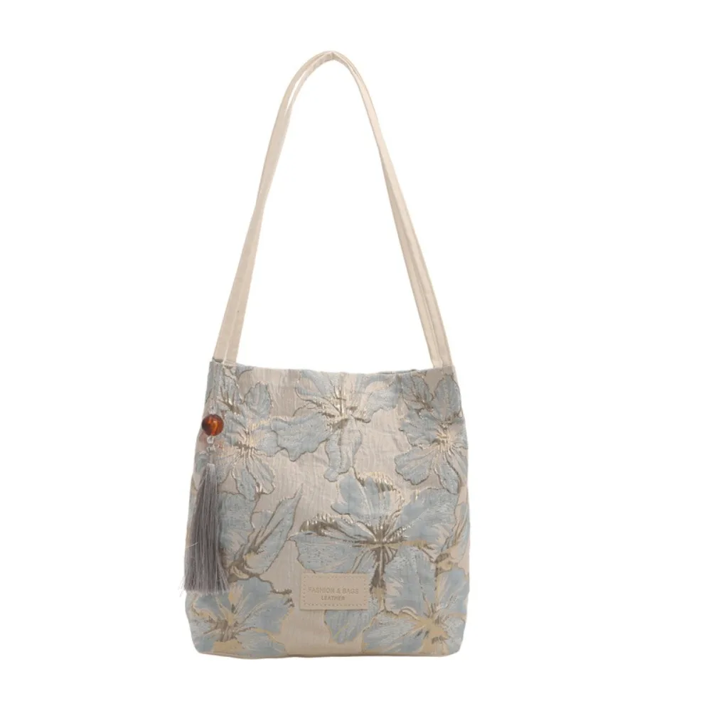

New Chinese Style Flower Bucket Bag Large Capacity Butterfly Embroidery Shoulder Bag Coin Purse Tassel Pendant Women Handbag