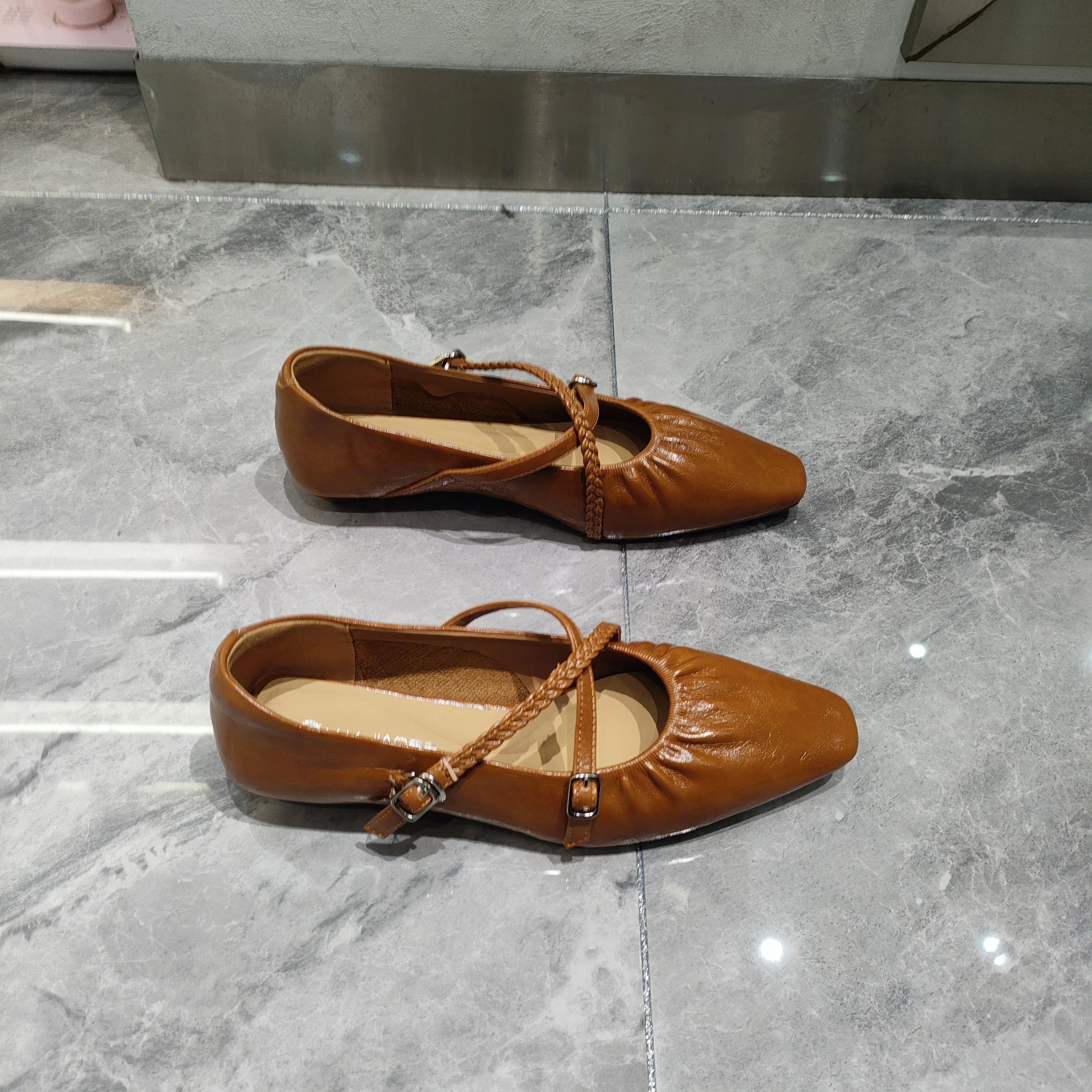 genuine-leather-mary-jane-flat-shoes-women's-footwear-low-heel-ballet-style-folded-slip-on-for-spring-autumn
