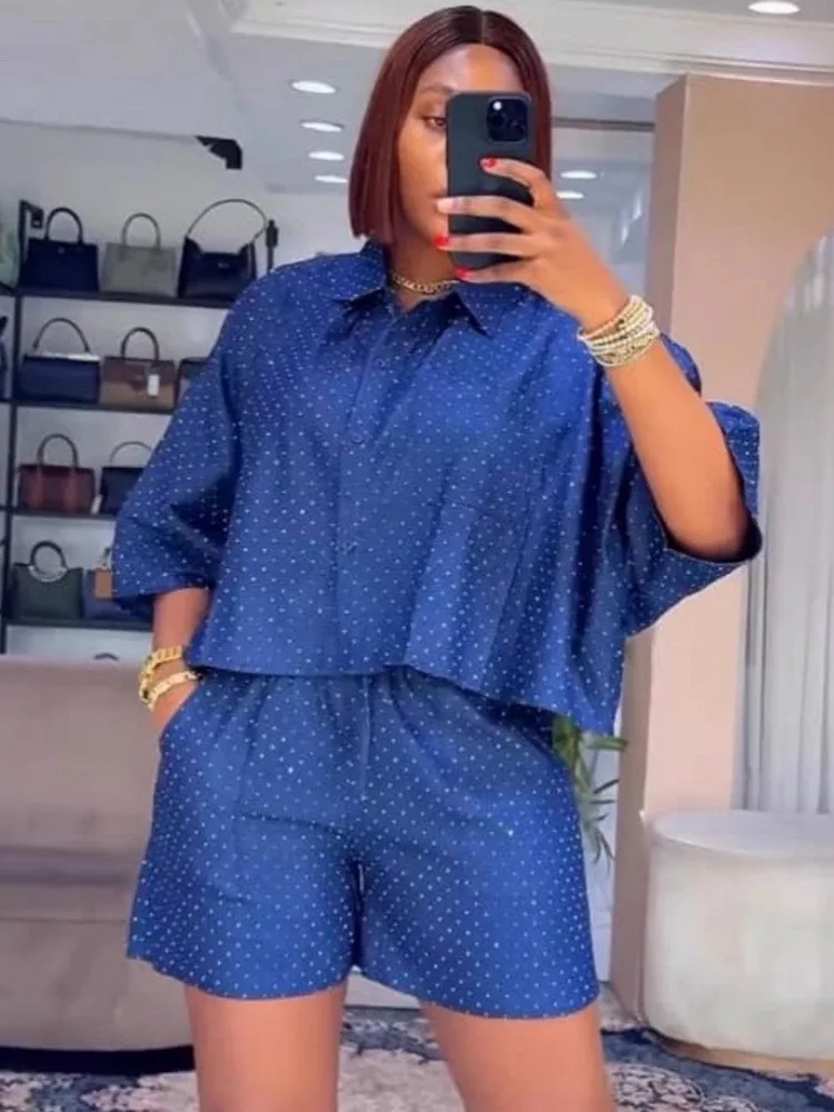 

2 Pieces Set Sexy 2025 Summer Autumn Fashion Women Set Female Blue 3/4 Sleeve Shirt Tops And Shorts Suit Matching Outfit