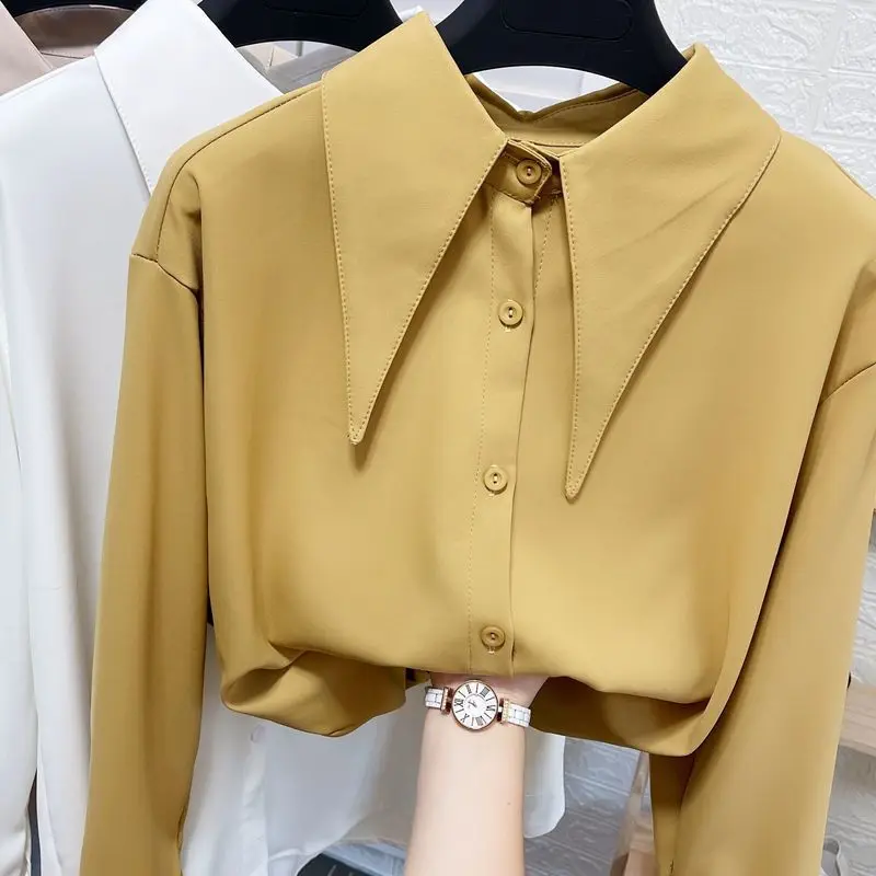 

French Large Pointed Collar Chiffon Blouse Women's Spring Autumn Loose Casual Versatile Shirt