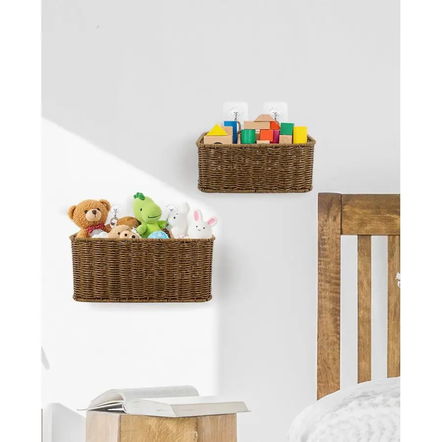 

Настенная подвесная корзина с отделениями, плетеные подвесные корзины для хранения с крючками, набор из 2 штук, органайзер в стиле бохо для унитаза, ванной комнаты