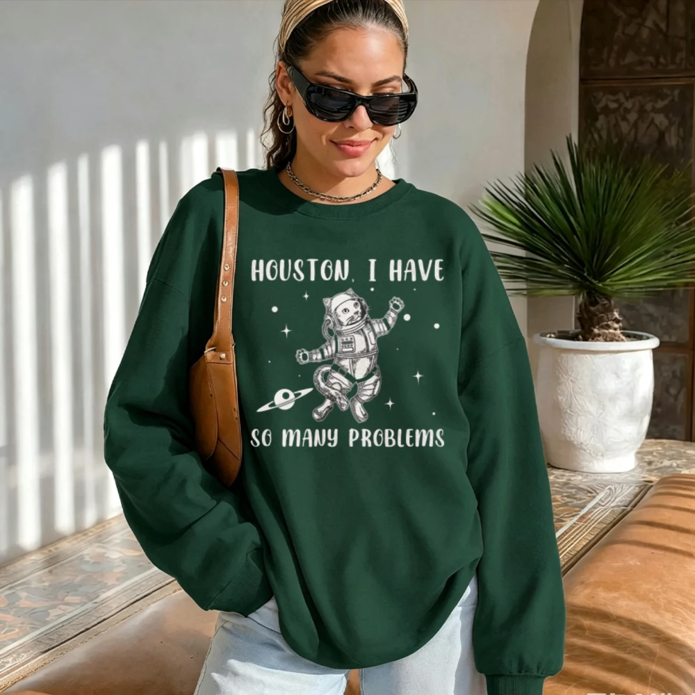 Houston I Have So Many Problems Astronaut Cat Sweatshirt Space Cat Cosmonaut Print  Pullover Funny Space Lover Sweatshirt Tops