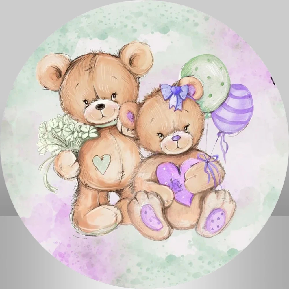 Green Purple Watercolor Bear Round Backdrop for Kids Baby Shower Gender Reveal Party Circle Background Cover Elastic