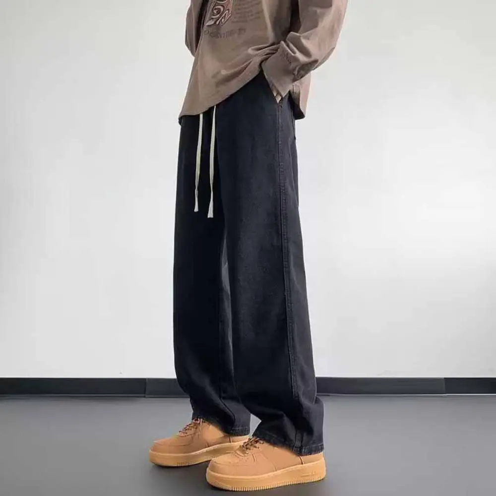 

Мужские повседневные джинсы с эластичной резинкой на талии High Street, прямые джинсовые брюки свободного кроя, базовый дизайн, широкие мешковатые брюки, повседневная одежда