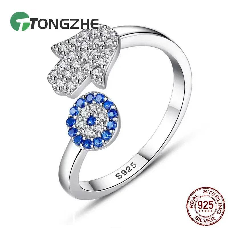 TONGZHE 925 Sterling Silver Evil Eye Ring Blue Eye Hamsa Hand Fatima Regulowane pierścionki damskie Otwarty pierścionek Biżuteria ślubna dla kobiet