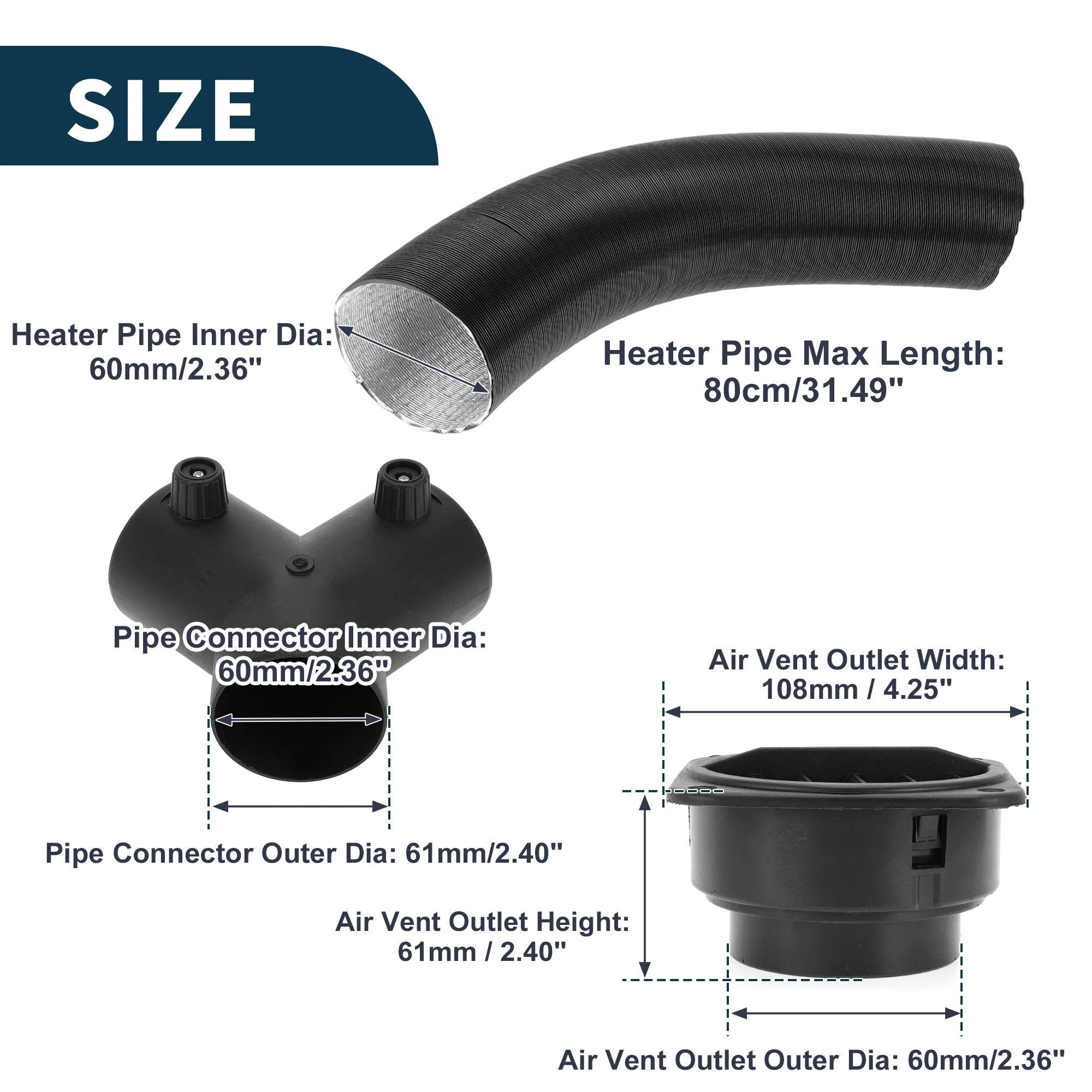 UXCELL 車 トラック RV バス バン 車用ヒーターダクトパイプホースセット ダブルバルブYパイプコネクター付き 内径60mm 最大長80cm