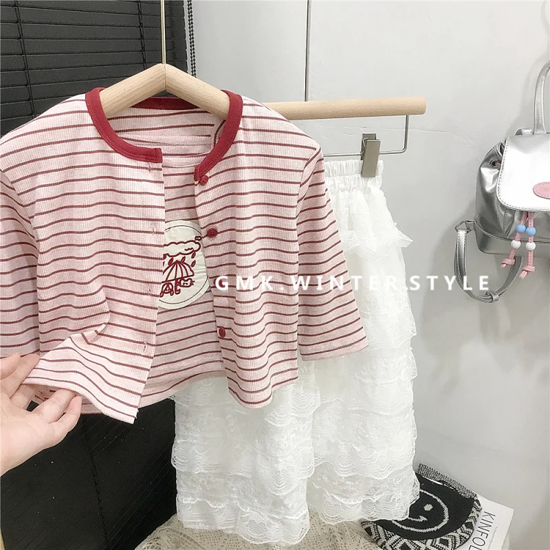 

Spring and Autumn New Style Girls' Striped Cardigan Cartoon Jacket Striped Camisole Set Children's Lace Trim Skirt