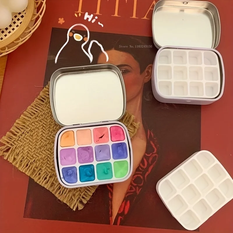 Portable Watercolor Paint Dispenser Box 12 Colors with Compartment Round Corner Compartment Transparent Travel Paint Mixing Box