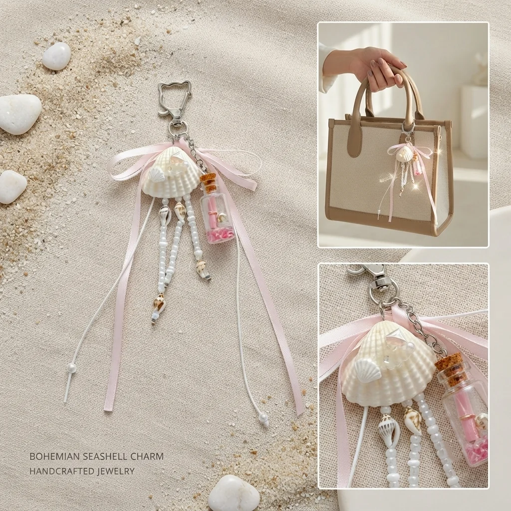 Cute Shell and Drift Bottle Bag Charm Aesthetic Ribbon Beaded Keychain Backpack Pendant Decorative Ornament for Women Girls