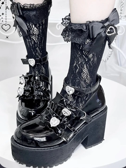

Mine Series Mass-produced Rhinestone Bow High Heels Japanese Sweet Lolita Mary Jane Shoes Spice Girl Subculture Muffin Shoes