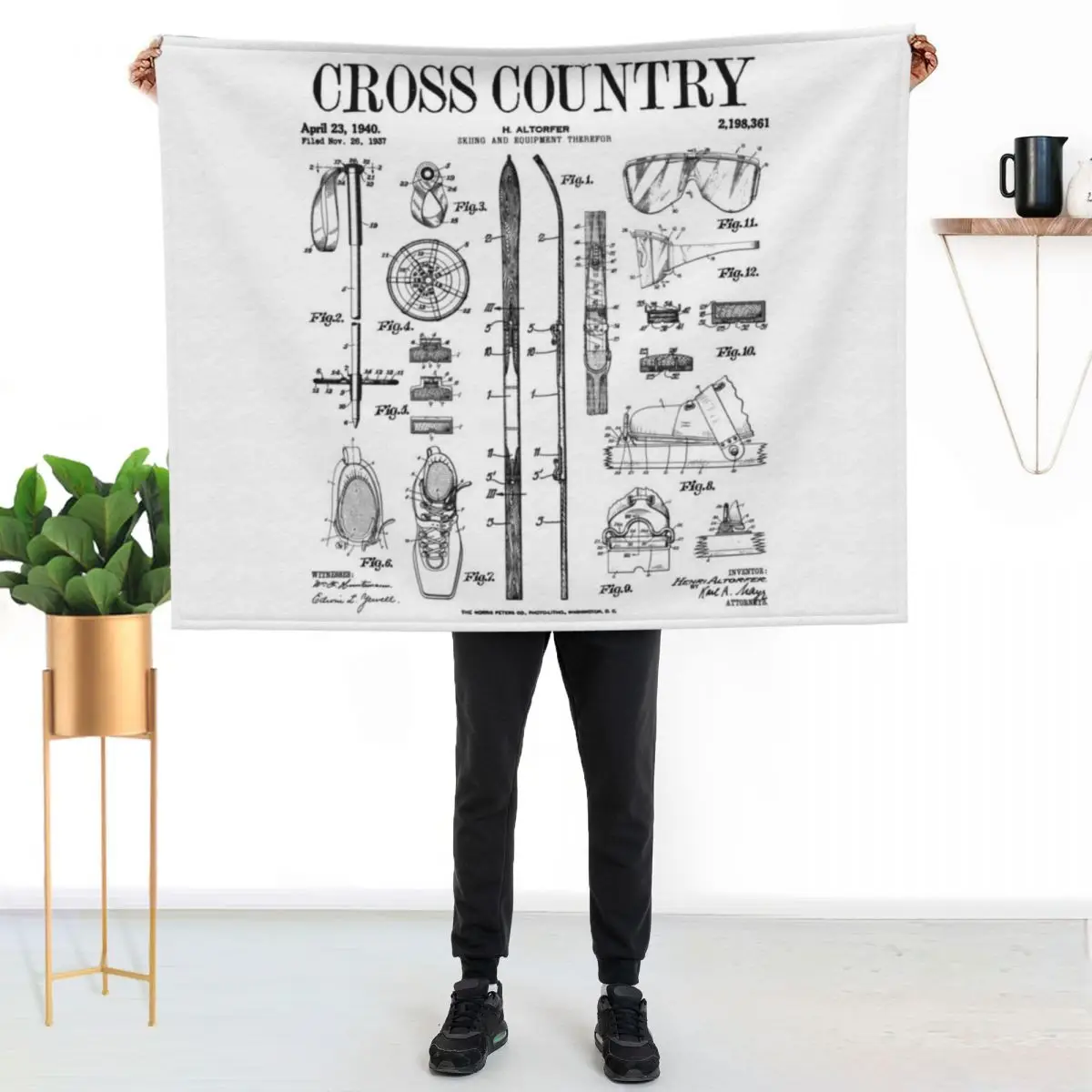 Cross Country Nordic Skiing Ski Vintage Patent Skier Print Throw Blanket Thermal Luxury Winter beds Furry Blankets