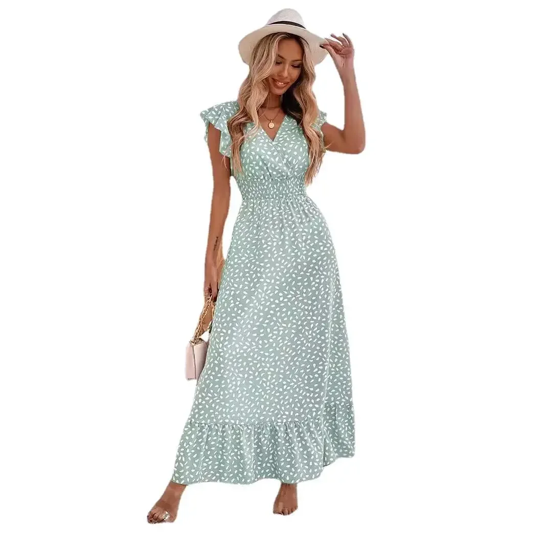 Abito lungo estivo con stampa floreale abito elegante arruffato da donna con scollo a v prendisole da spiaggia abiti Casual a maniche corte per le donne